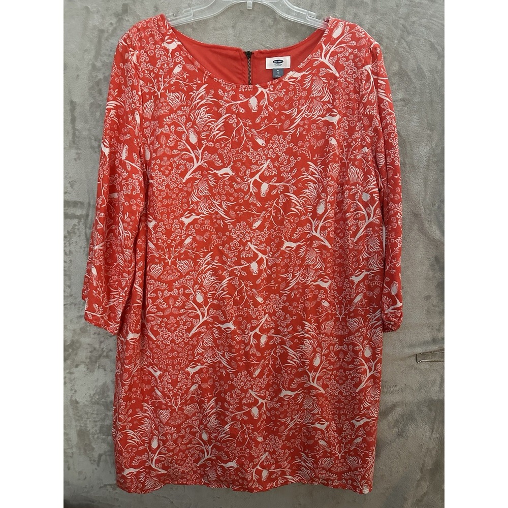 Old Navy Shift Dress Womens XLarge Red White Floral Pattern 3/4 Sleeve Back Zip